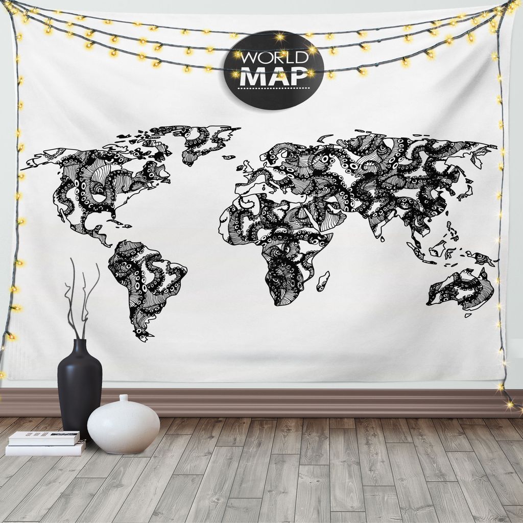 ABAKUHAUS Schwarz-Weiss Wandteppich, Kraken-Weltkarte, Wohnzimmer Schlafzimmer Heim Seidiges Satin Wandteppich, 200 x 150 cm, Weiß Schwarz