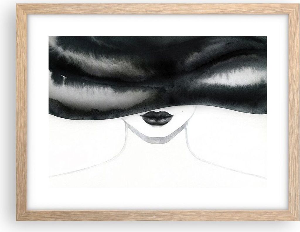 Gerahmtes Poster - Rahmen in heller Eiche - Frau Hut Schwarzweiß - 40x30 cm - Wand Bild - Wanddeko - Wandbilder - Wandposter - Bilderrahmen - Bild...