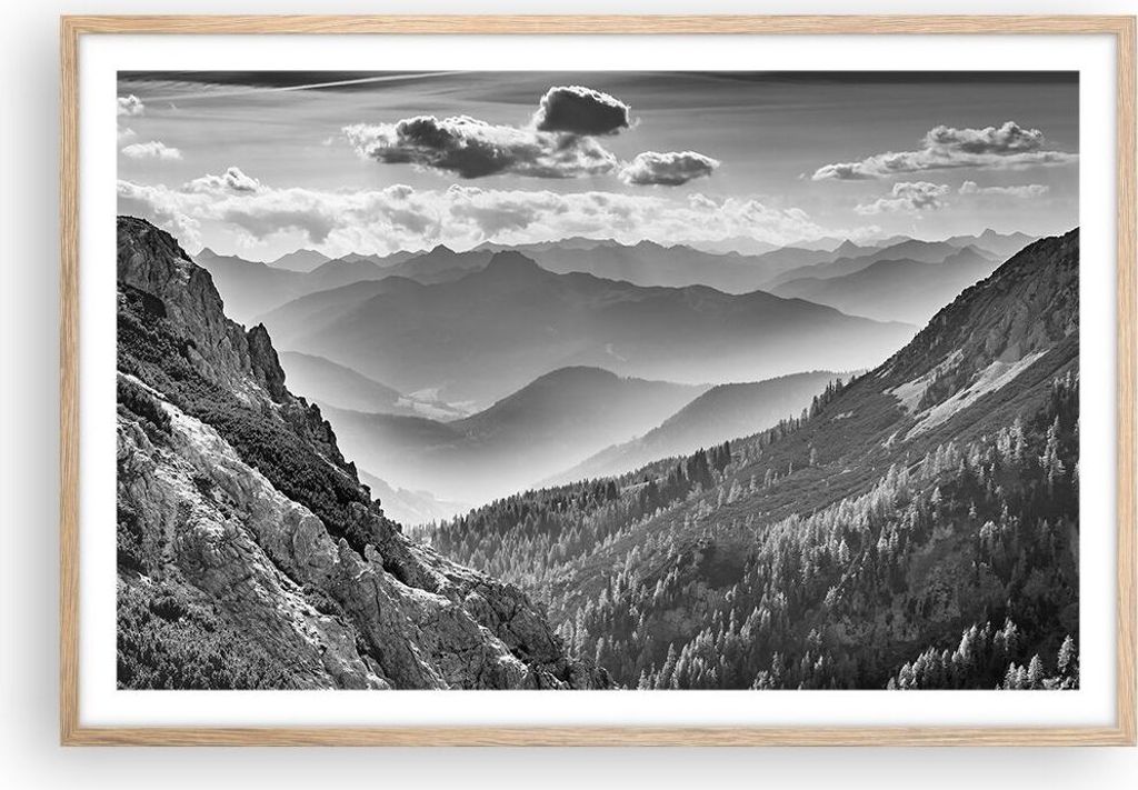 Gerahmtes Poster - Rahmen in heller Eiche - Schwarzweiß Landschaft Berge - 91,5x61 cm - Wand Bild - Wanddeko - Wandbilder - Kunstposter - Wandpost...