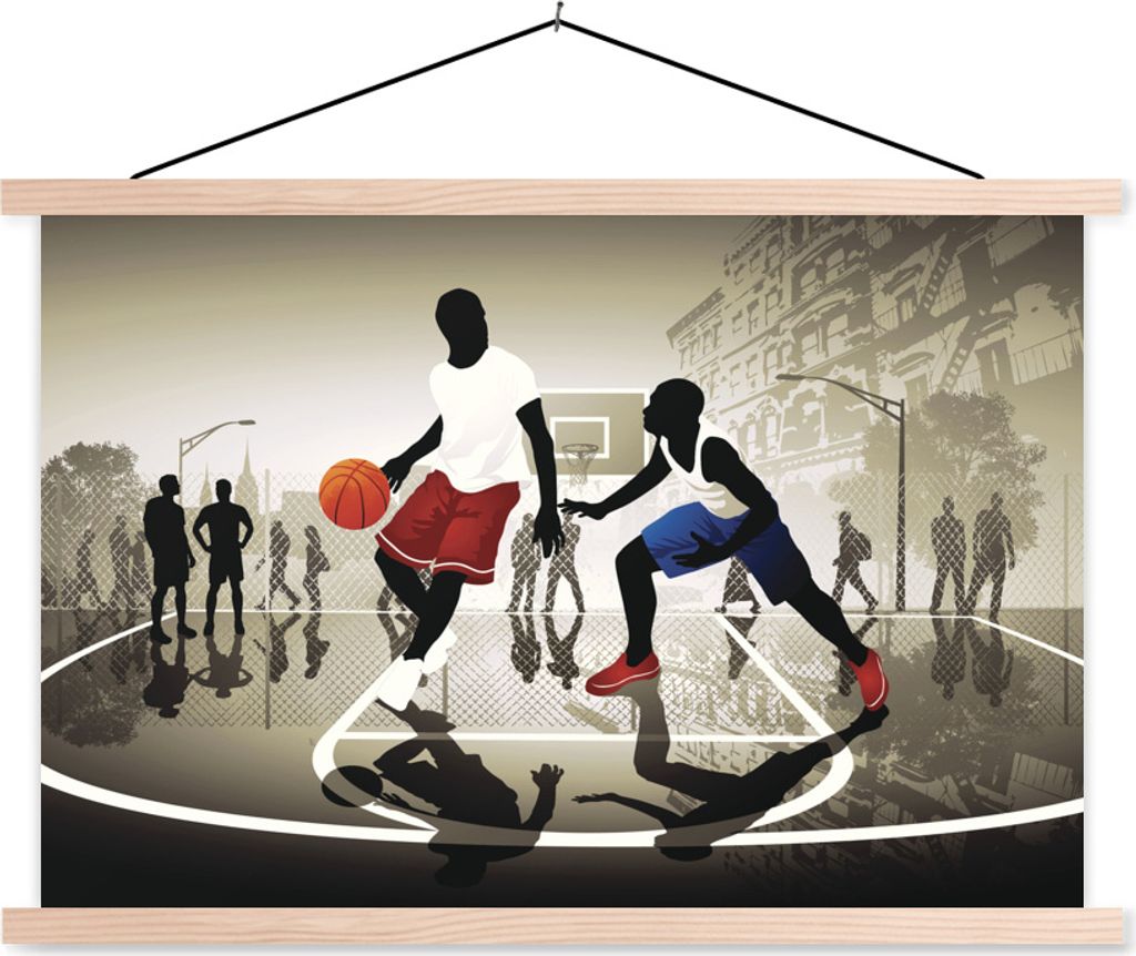 MuchoWow Textilposter Eine Illustration von zwei Basketballspielern auf der Straße 60x40 cm mit holzfarbenen Rahmen - Bilder