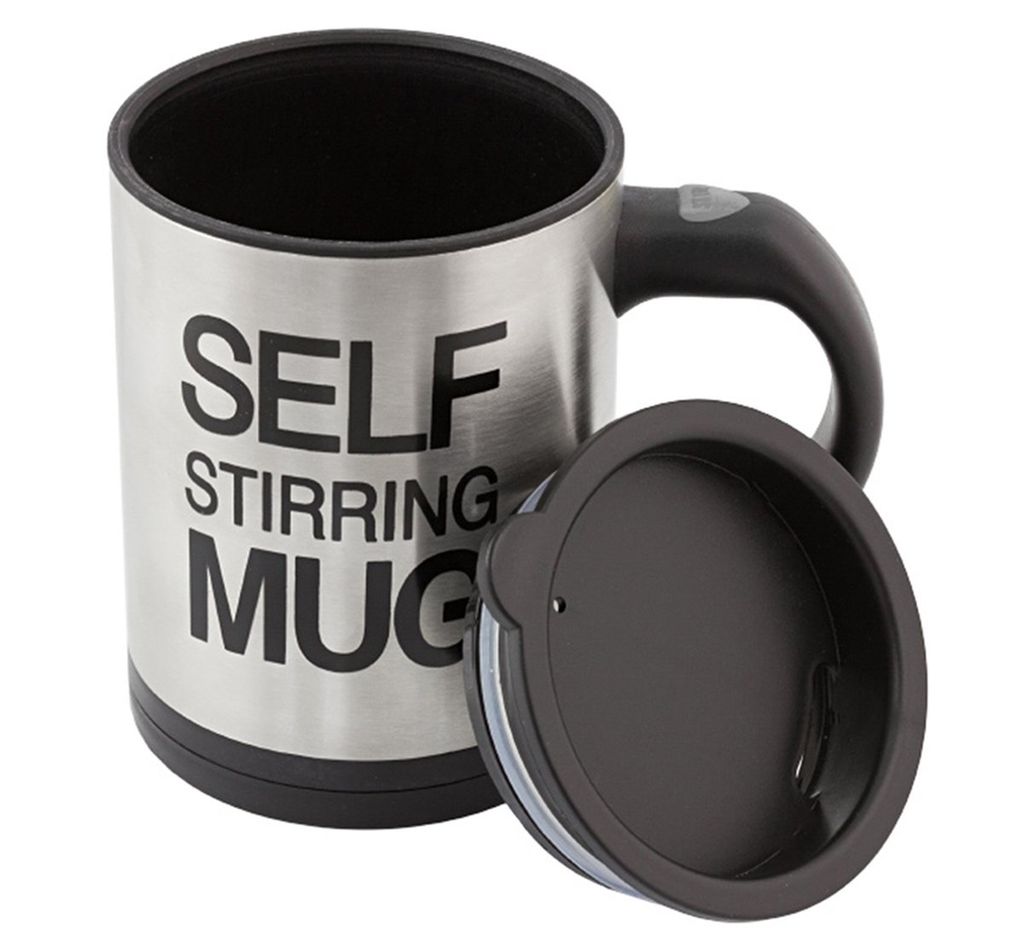 A self-stirring mug with its lid off, shown against a white background.