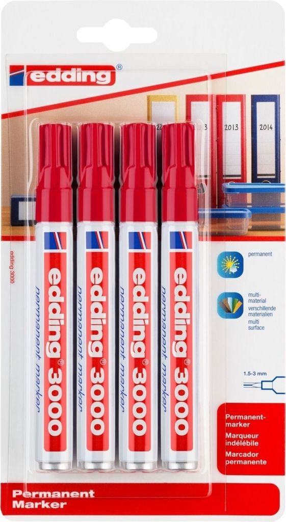 Edding - Filzstift 3000 rund 1,5-3mm rot Blister à 4 Stück | 10 Stück