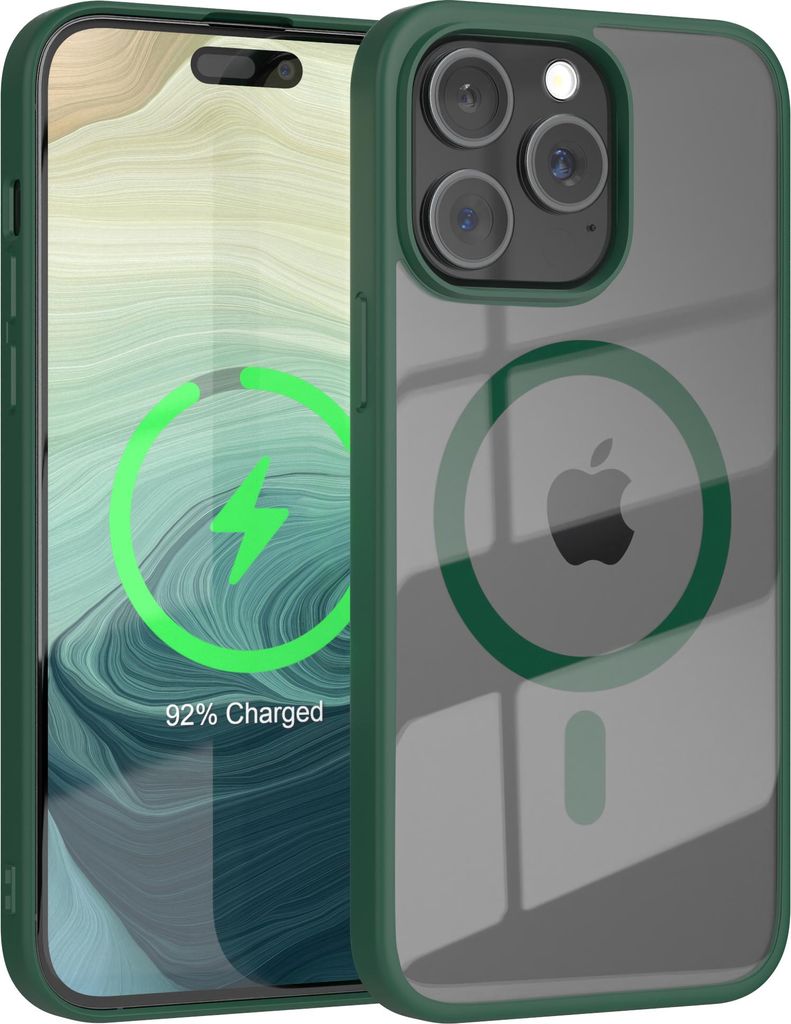 EAZY CASE Clear MagSafe Case für Apple iPhone 15 Pro Max, Qi-Charging, Silikon mit Kameraschutz, Bumper Case in Grün
