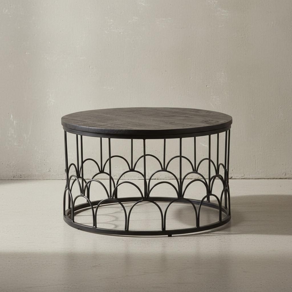 Couchtisch 60x60x36 cm Mango Massivholz / Metall Schwarz Sofatisch Rund, Design Wohnzimmertisch Industrial, Kaffeetisch Wohnzimmer Massiv mit Metal...