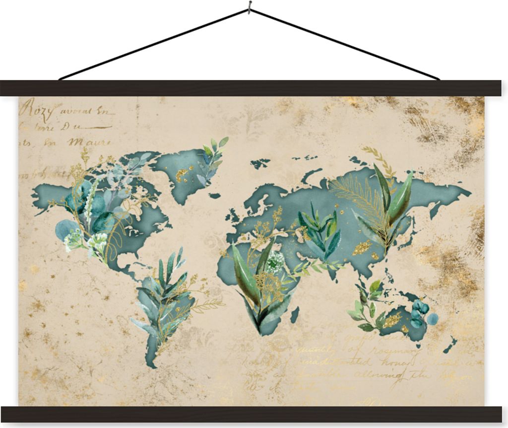 MuchoWow Textilposter Weltkarte - Papyrus - Vintage 60x40 cm mit schwarzem Rahmen - Hölzernes