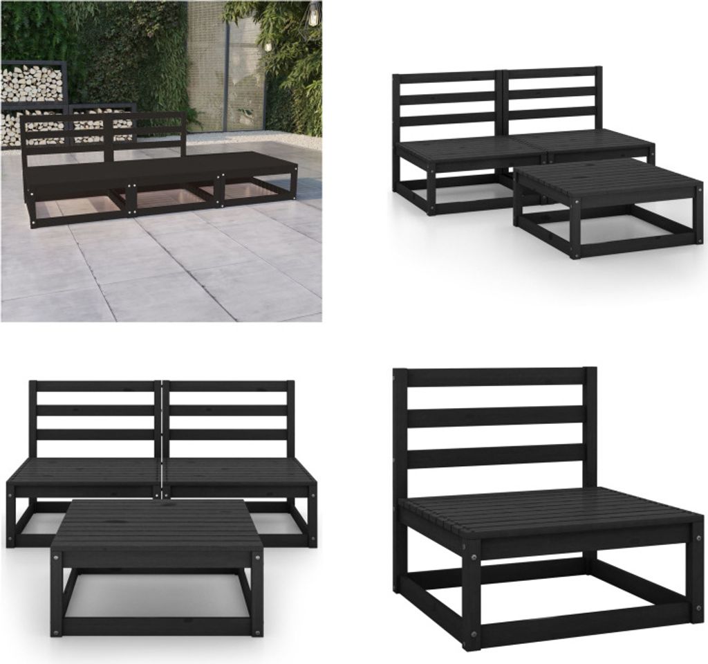 vidaXL 3 tlg. Garten Lounge Set Schwarz Massivholz Kiefer - Garten-Lounge-Set - Garten-Lounge-Sets - Holz-Loungemöbel - Holz-Gartenmöbel