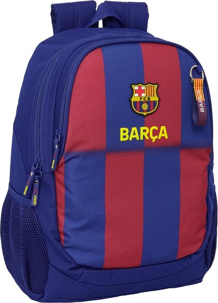 A blue and red striped backpack with the FC Barcelona logo and name.