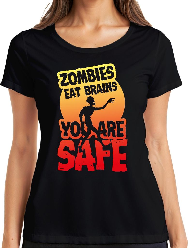 ZOMBIES EAT BRAINS YOU ARE SAFE Halloween Horror Zombie Geschenk Damen T-Shirt, Schwarz, 3XL