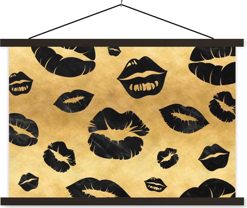 MuchoWow Textilposter Muster - Kuss - Gold - Schwarz 150x100 cm mit schwarzem Rahmen - Schlafzimmer