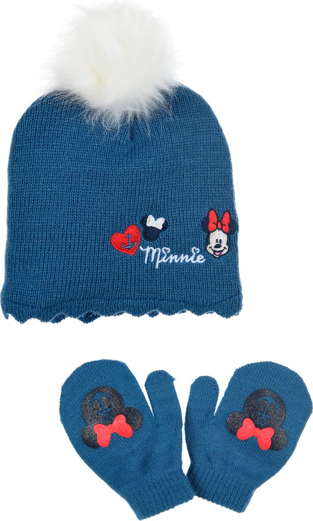 Minnie Mouse Baby Mädchen Winter-Set Mütze Handschuhe, Farbe:Blau, Größe:48
