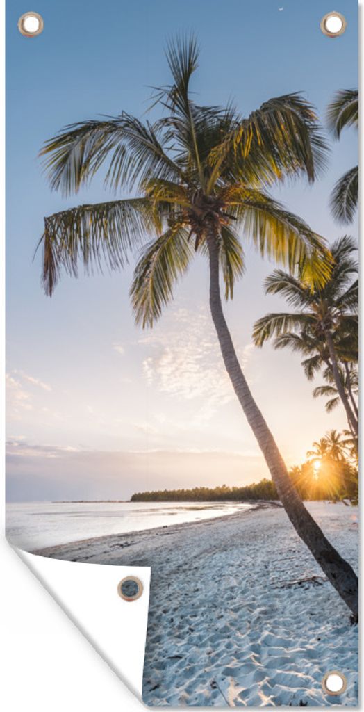 MuchoWow 40x80 cm Outdoor-Poster Gartendeko Sichtschutz Garten Poster für den Garten Strand - Sonnenuntergang - Palme