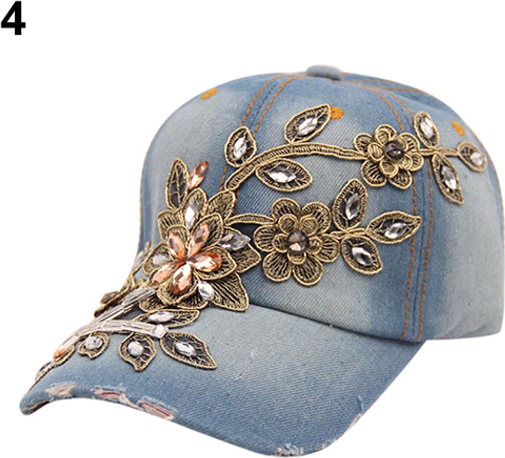 Frauenprägung Flower Denim Baseball Cap Sommer Strass Produktbild 