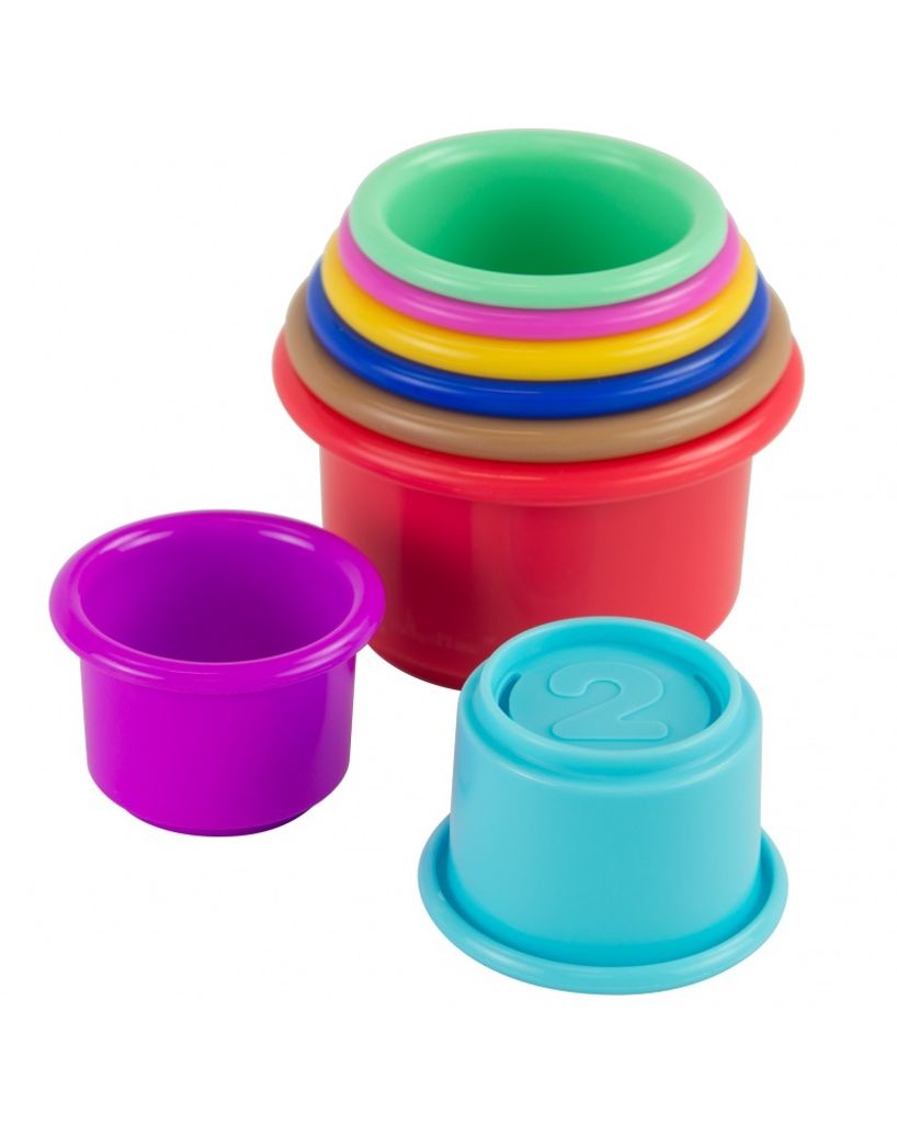 A set of colorful stacking cups and rings on a white background.