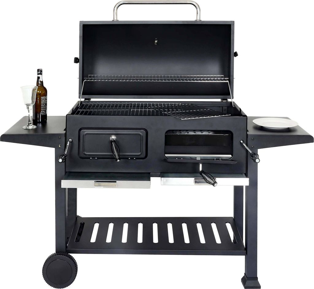 A black charcoal grill with its lid open, placed on a white background.