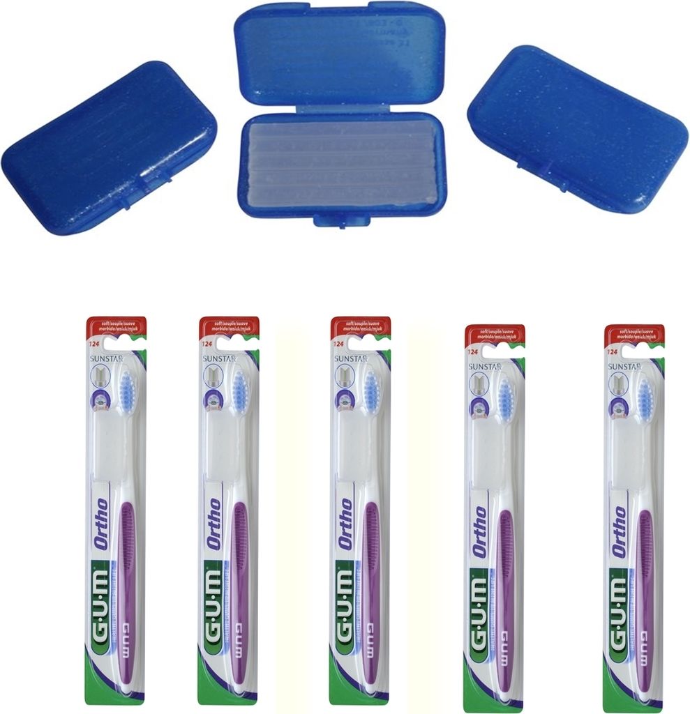 3x Zahnspangen Schutz Wachs a 5 Stangen + 5 x GUM ORTHO Zahnbürsten