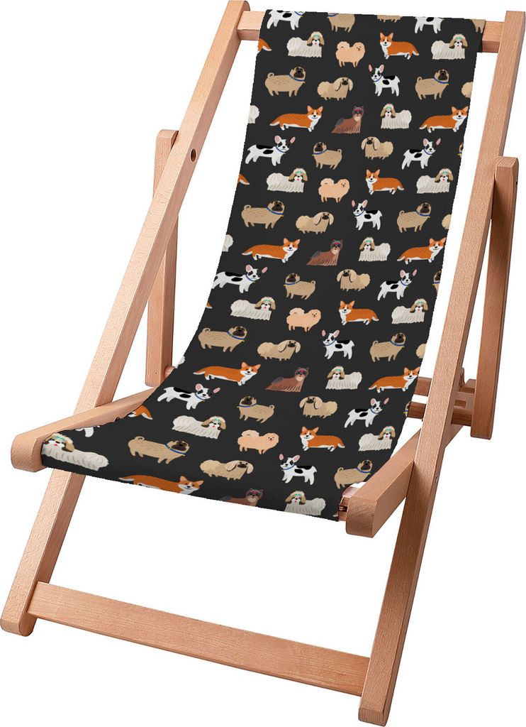 Dreamroots Kinder Liegestuhl klappbar Holz, bis zu 130 kg, Sonnenliege klappbar mit 3-stufiger Neigungsregulierung der Rückenlehne, Cartoon Dogs