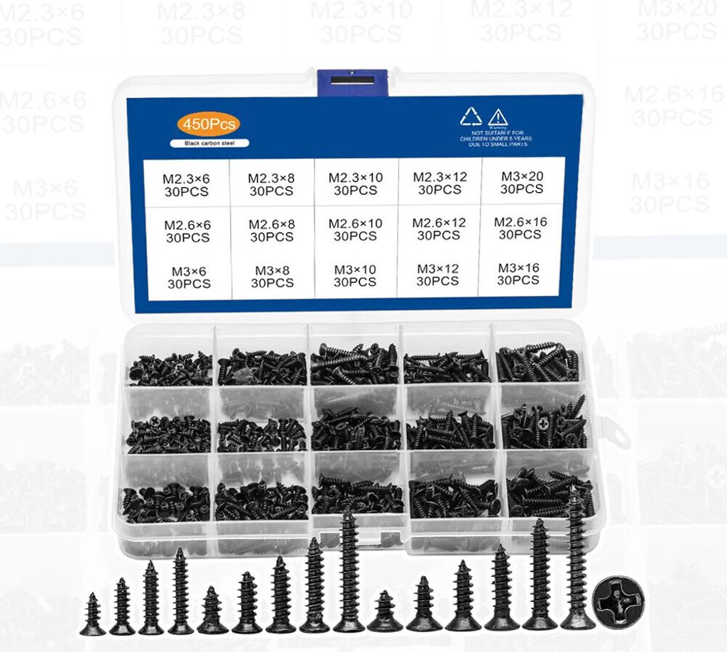 Sada 450 mini skrutiek (2,3, 2,6, 3,0 mm, zápustná, čierna) Obrázok produktu 