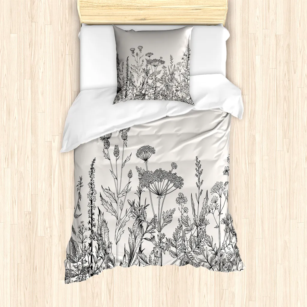 ABAKUHAUS Set copripiumino per letto singolo, Wildflower Botanical Land, antiacaro e anallergico, con federa, 135 cm x 200 cm - 80 x 80 cm, Pale Eggshell Grigio scuro
