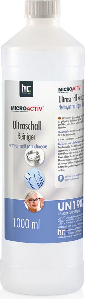 A bottle of ultrasonic cleaner with product information and images.