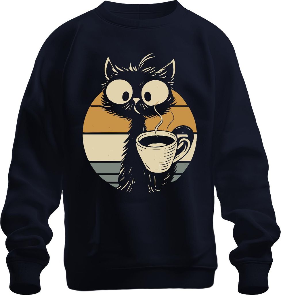 Katze mit Kaffee Kaffeetasse Niedliche Retro Sonnenuntergang Uni Sweatshirt Pullover, Navy, 3XL