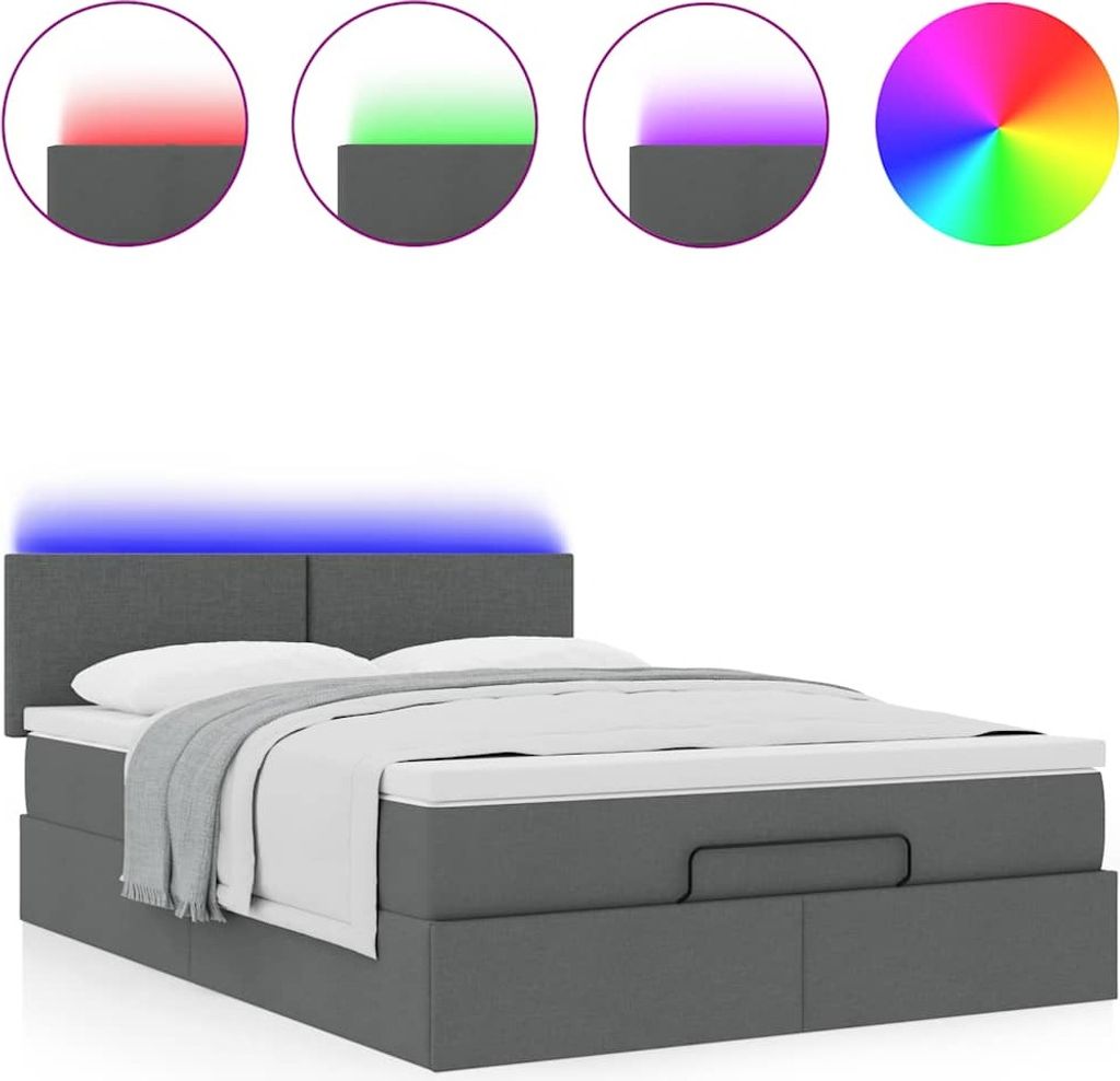 Ottomane Bett mit Matratze & LEDs Dunkelgrau 140x200 cm Stoff