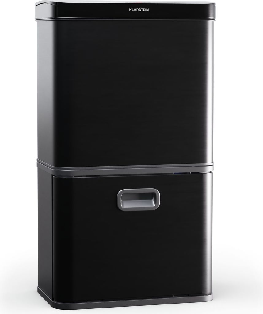A black kitchen trash can with a silver handle, shown against a white background.