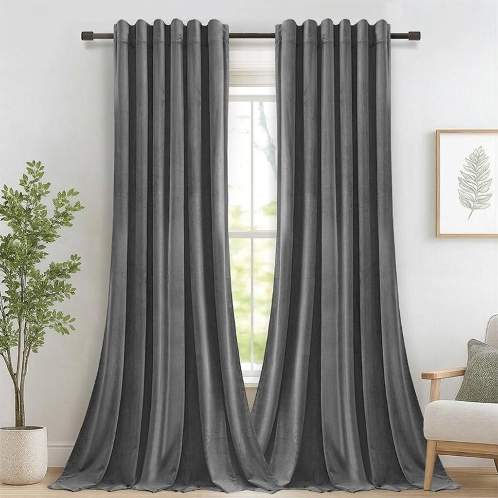 2er Set Samt Vorhänge Verdunkelungsvorhang Blickdicht Vorhang Kräuselband Gardinen für Schlafzimmer Wohnzimmer, Grau, B132xH213cm