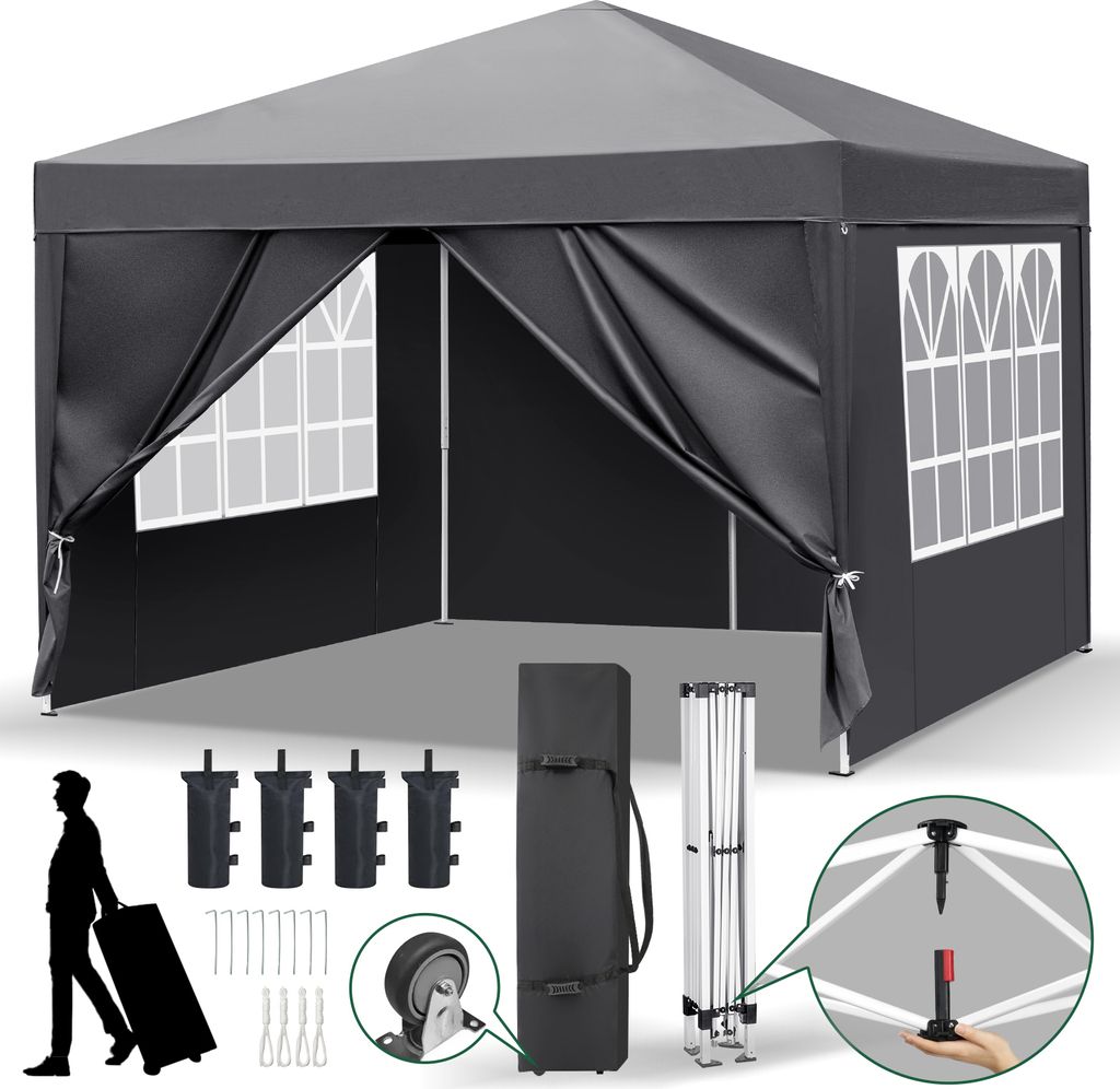 FCH Faltpavillon 3x3 m Gartenpavillon mit 4 Seitenteilen, Pavillon mit 4 Sandsäcke Pavillon Pop Up Partyzelt, Grau