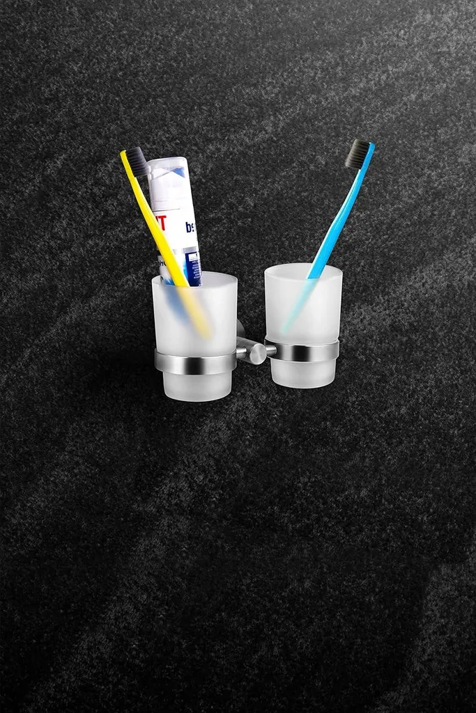 Porte-brosse à dents mural en inox brossé avec gobelet chic - Série Lux