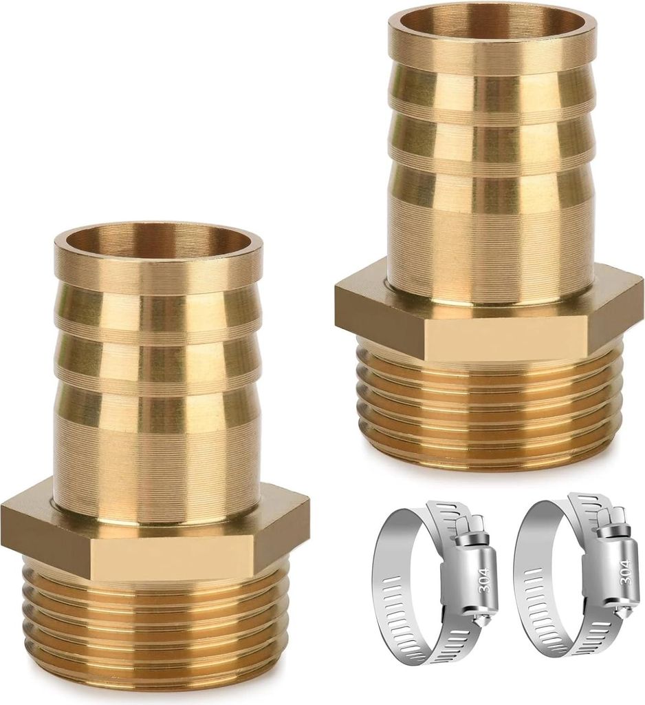 Messing Schlauchtülle 1 Zoll AG x 32 mm - 2 Stück mit Schlauchschellen - Schlauchschraubverbindung - Steckeradapter - Gartenschlauchanschluss