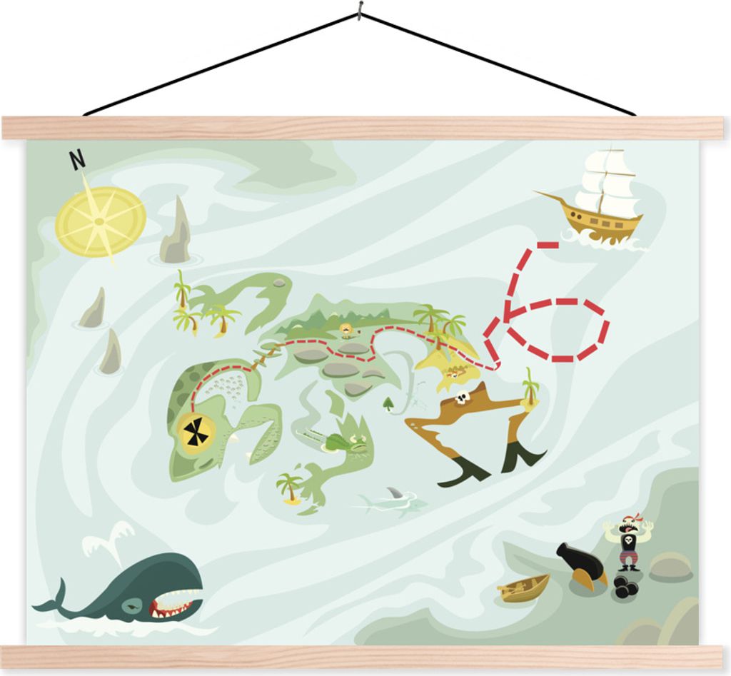 MuchoWow Textilposter Illustration einer Schatzkarte mit Pirateninsel für Kinder 40x30 cm mit holzfarbenen Rahmen - Bilder