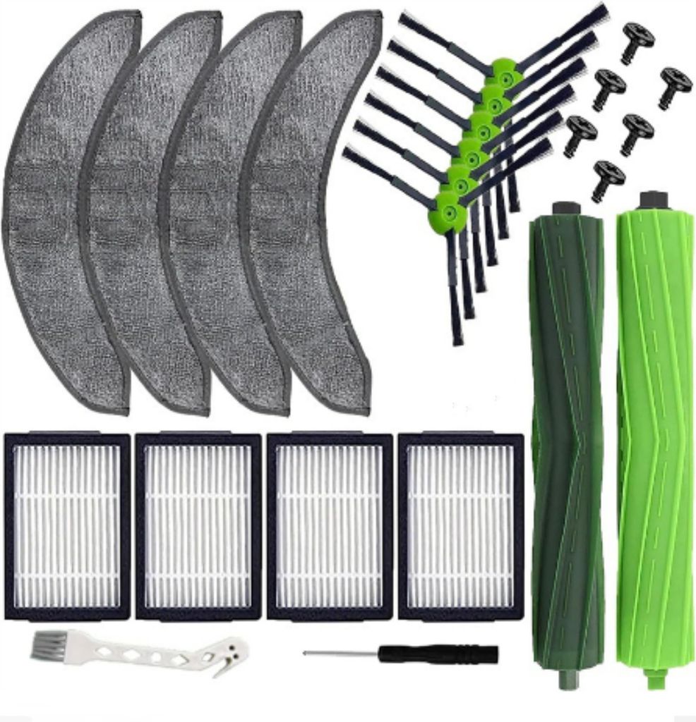 A collection of cleaning accessories for a robot vacuum cleaner, including mop pads, filters, brushes, and rollers, laid out on a white background.