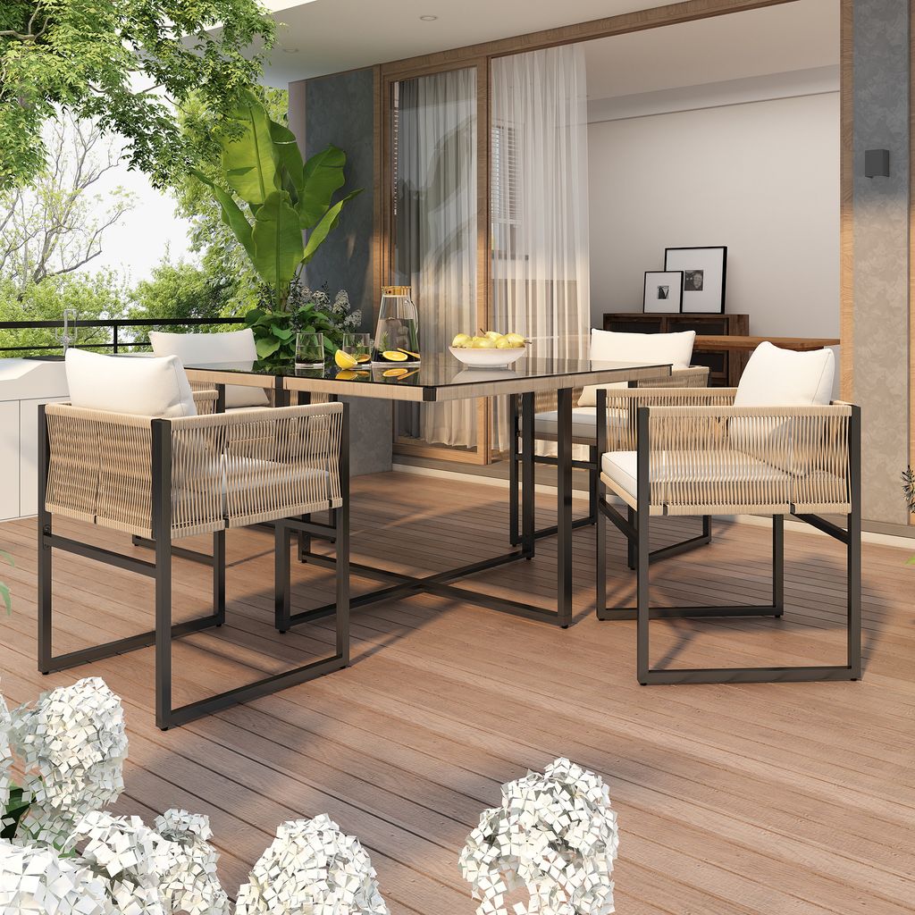 Merax Gartenmöbelset Seil für 4 Personen, 5-tlg. Garten-Essgruppe mit 4 Sessel und Esstisch, Gartenlounge Set Balkonmöbel mit Metallrahmen und K...
