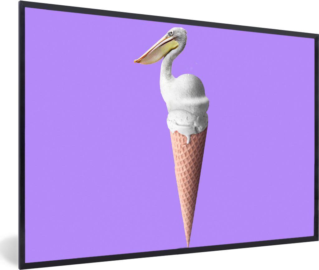MuchoWow Gerahmtes Poster Eiscreme - Vogel - Pelikan - Weiß - Eistüte 60x40 cm - Poster mit Schwarzem Bilderrahmen Wandposter Rahmen Foto Bilde...