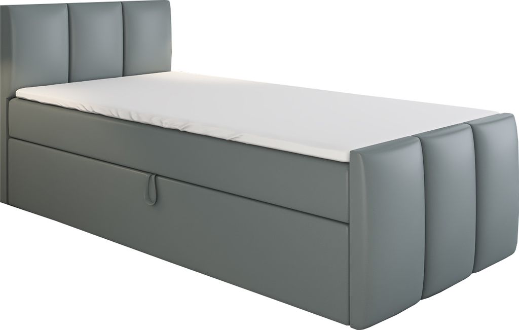 Boxspringbett, Jugendbett MOREN 100x200 (Rechts) mit Bettkästen, Bonell-Matratze und Topper. Farbe: Grau