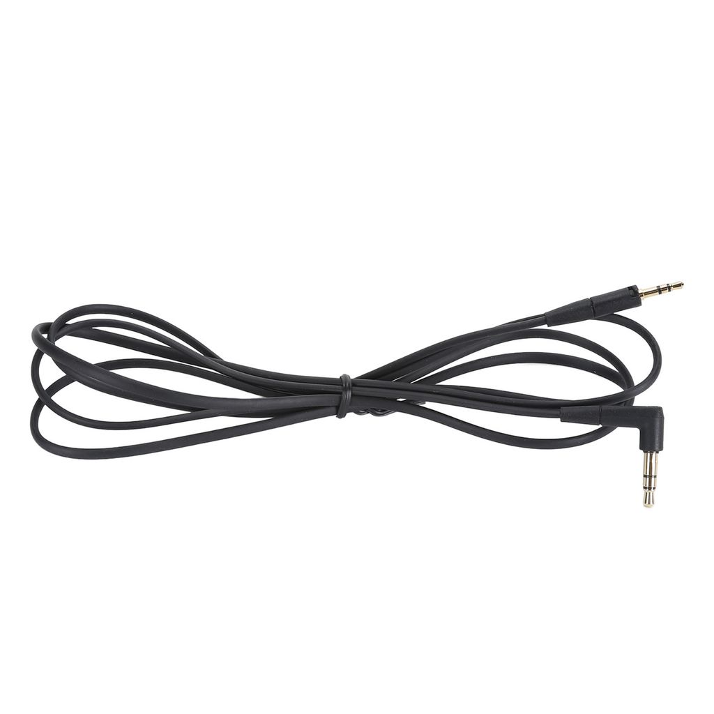 A black audio cable with two 3.5mm jack connectors, one straight and one angled, is laid out on a white background.