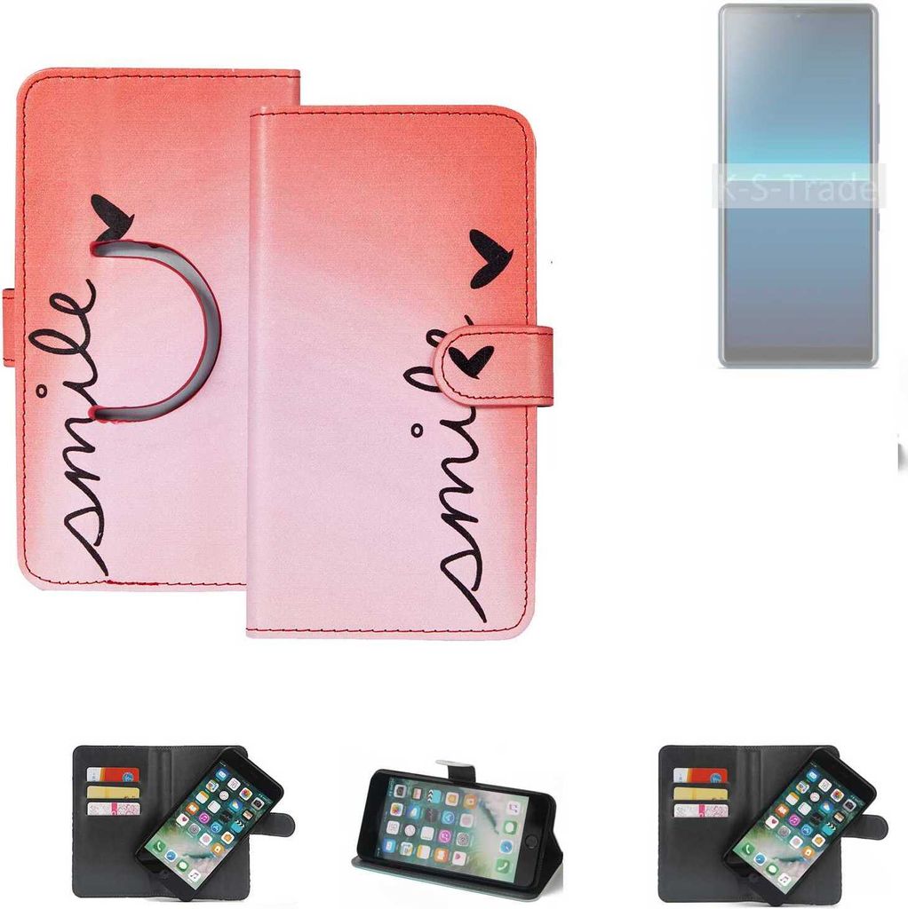 K-S-Trade Schutzhülle Handyhülle kompatibel mit Sony Xperia L4 Hülle cover bookstyle Etui ''smile'' rot Standfunktion Kameraschutz (1Stk)