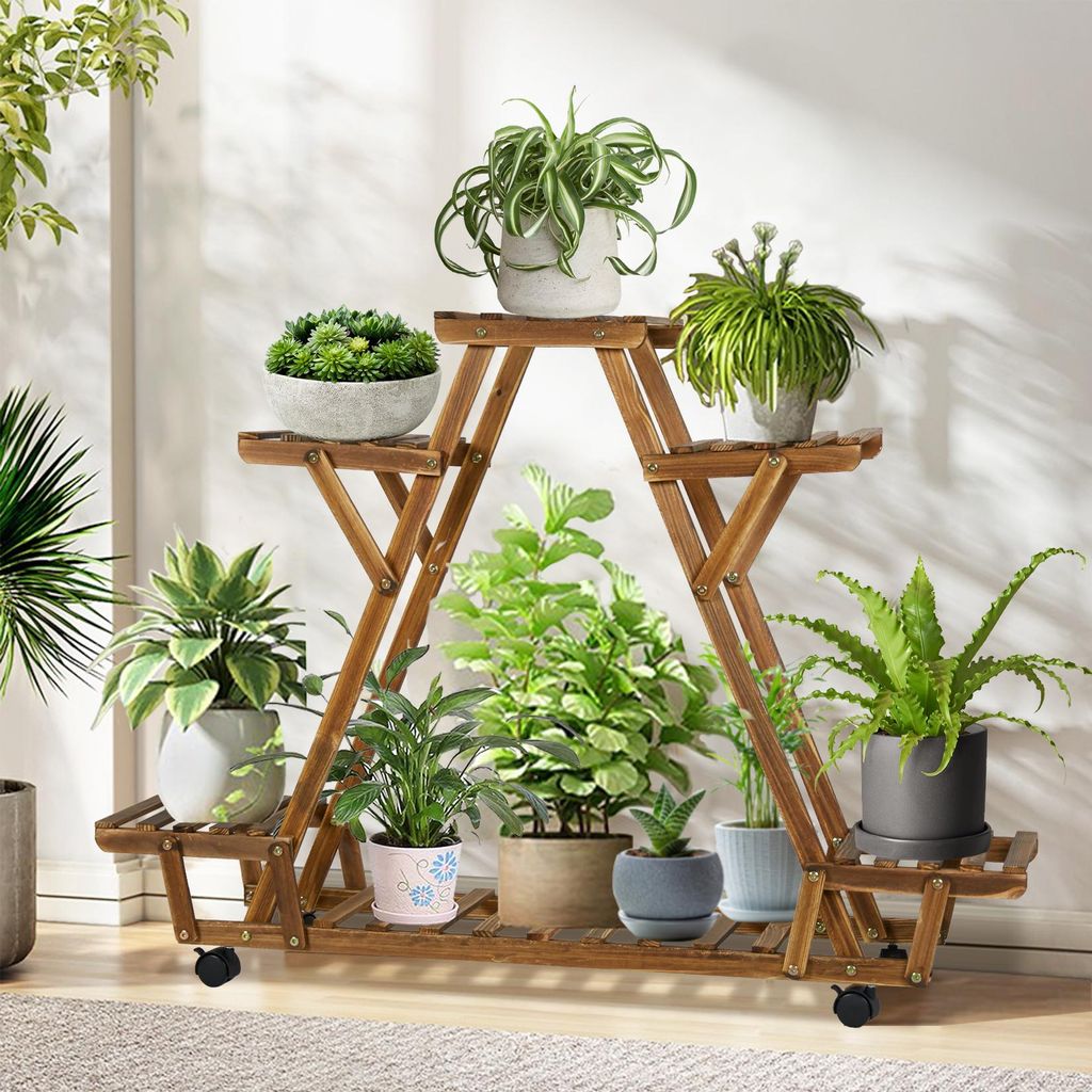 FATIVO Blumenregal Rollbar: 6-stöckige Blumentreppe, Pflanzentreppe für Balkon, Wohnzimmer & Garten, Holz Pflanzenregal für Innen & Außen