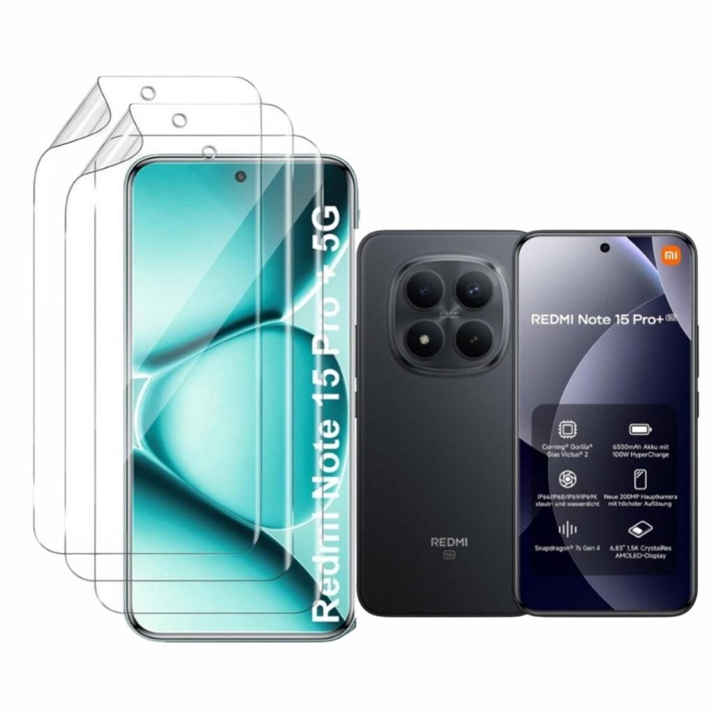 CLM-Tech 3er Set Schutzfolie kompatibel mit Xiaomi Redmi Note 15 Pro+ / 15 Pro Plus 5G - Weiche Folie Crystal Clear - Displayschutz 9H Glas - Folie...