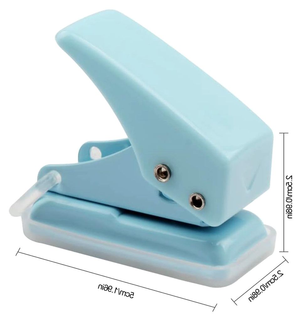 Mini-Locher aus Metall mit Anschlagschiene und Formatvorgaben, ergonomisches Design in Blau, recyclebar und umweltfreundlich