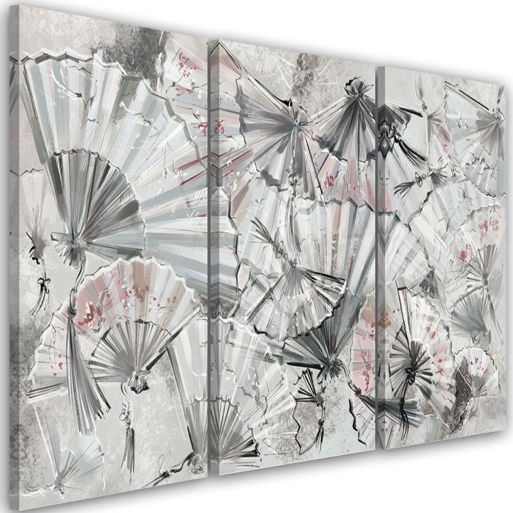 Triptychon auf leinwand japanische fächer 90x60 cm Feeby grau wandbild bereit zum aufhängen