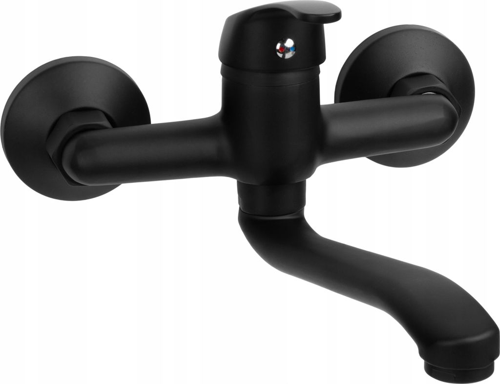 A black kitchen faucet mounted on a white background.