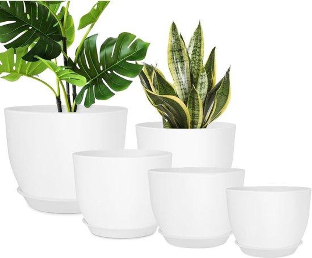 Moderne kunststof plantenpotten, 5-teilig, weiß, mit Fußplatten