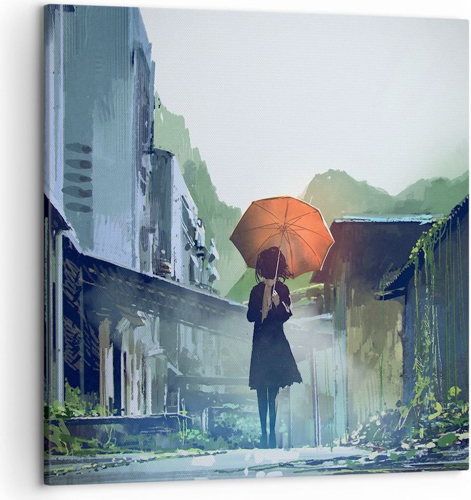 Bild auf Leinwand - Leinwandbild - Frau Straße Haus - 50x50cm - Wand Bild - Wanddeko - Wandbilder - Leinwanddruck - Bilder - Kunstdruck - Wanddeko...