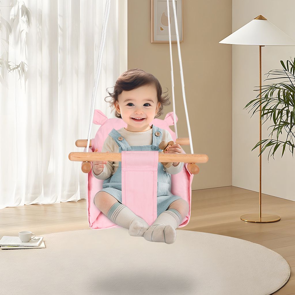 Babyschaukel Kinderschaukel Schaukel Indoor und Outdoor Holz Stoff Babysitz Kleinkinderschauke zum Aufhängen Rosa