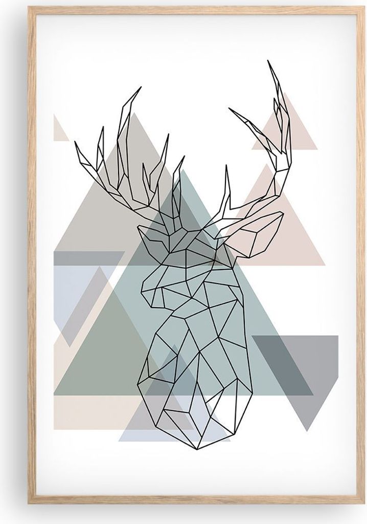 Gerahmtes Poster - Rahmen in heller Eiche - Hirsch Abstraktion - 61x91,5 cm - Wand Bild - Wanddeko - Wandbilder - Wandposter - Bilderrahmen - Bilde...