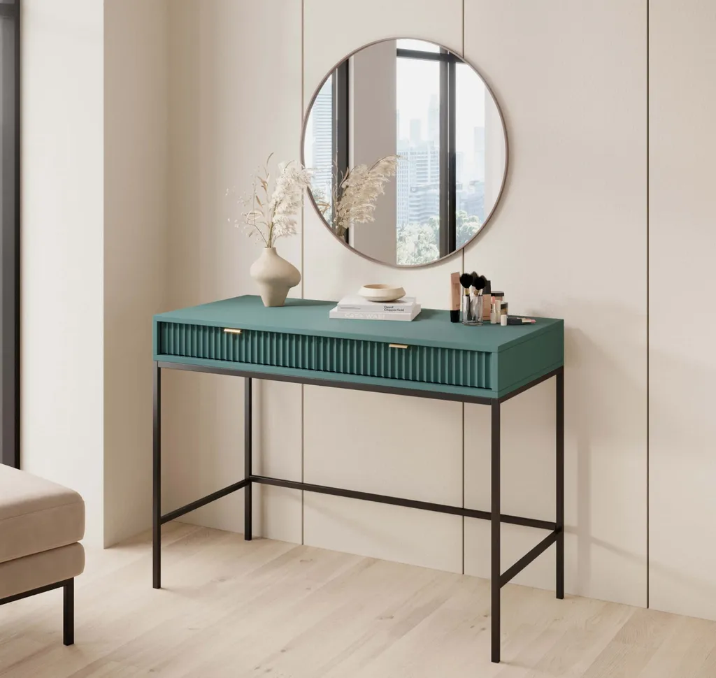 Console MISHEEL métal noir et plateau bleu-vert - Style rétro chic