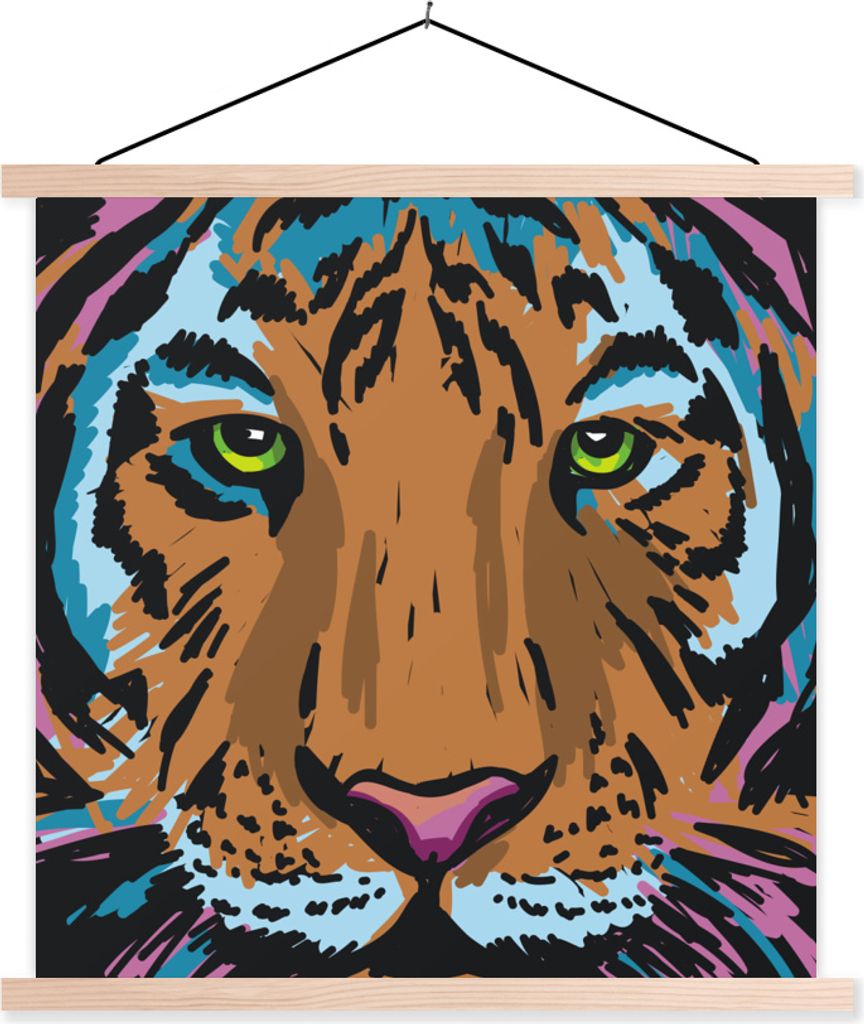 MuchoWow Textilposter Tiger - Farbe - Kopf 120x120 cm mit holzfarbenen Rahmen - Textil-Poster