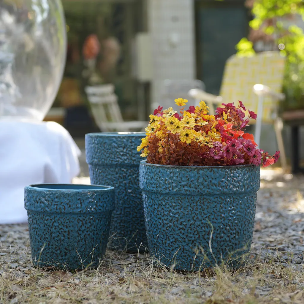 Trio de cache-pots en céramique bleu tacheté pour plantes d'intérieur