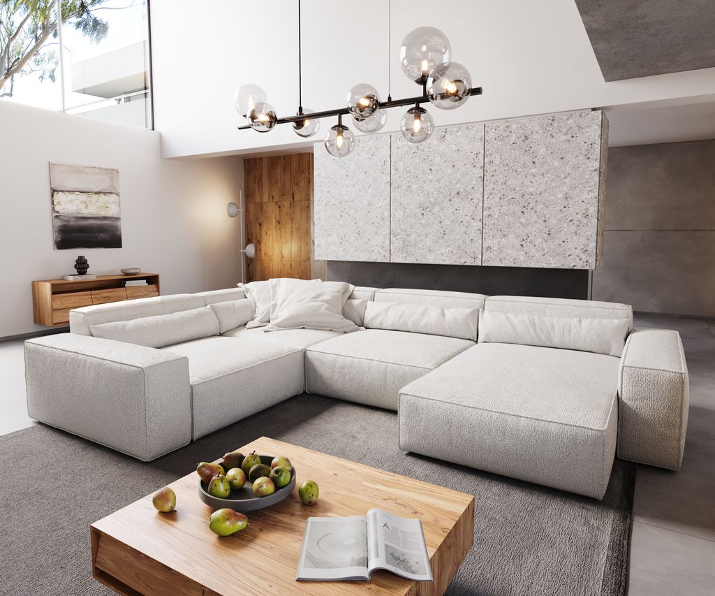 DELIFE Wohnlandschaft Sirpio XL 360x260 cm Bouclé Creme-Weiß Recamiere variabel